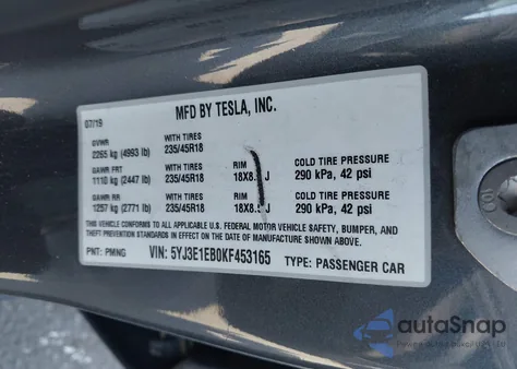 2019 Tesla Model 3 Long Range/Performance из США, поврежденный, VIN 5YJ3E1EB0KF453165